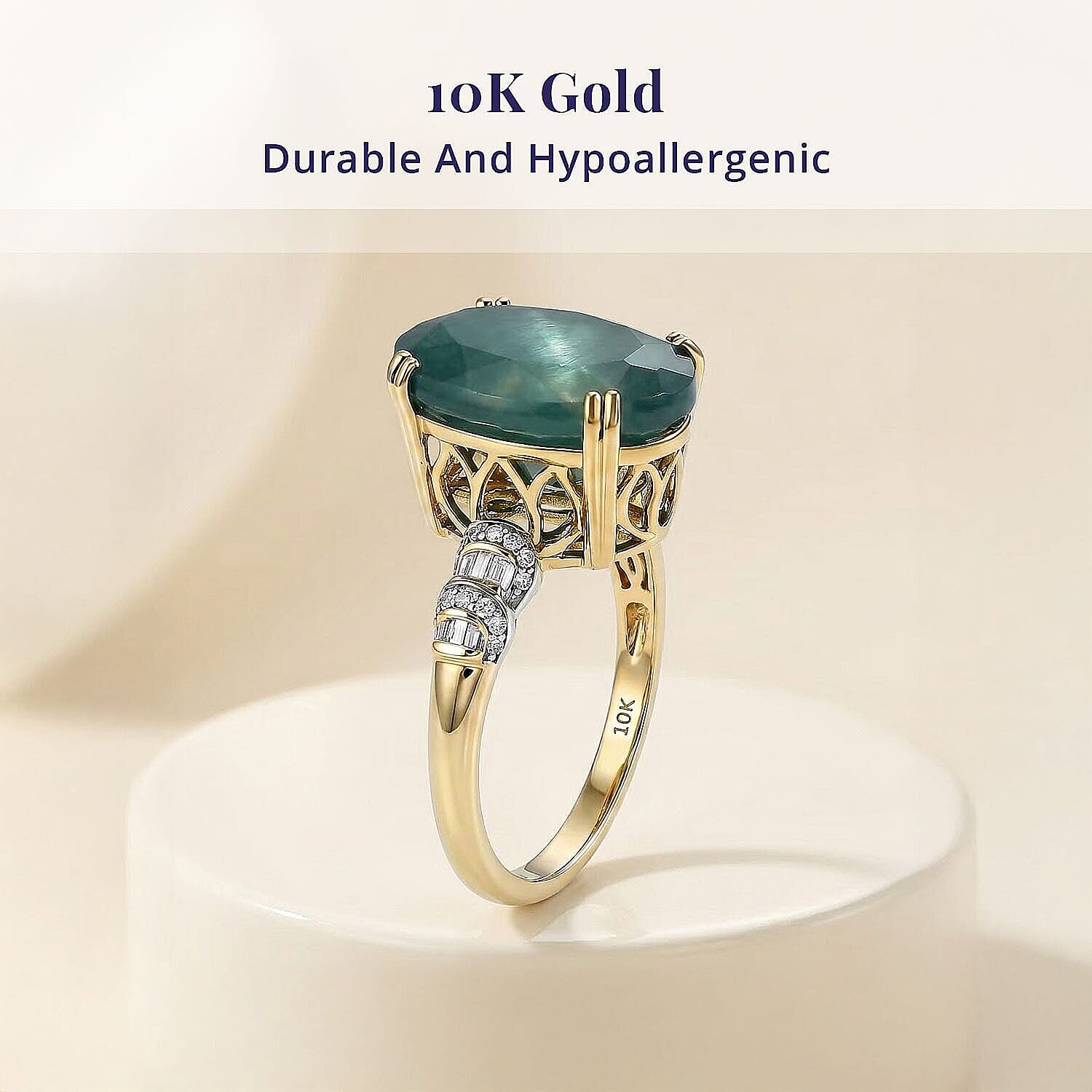 Luxoro AAA Grandidierite and Diamond I2 10.90 ctw Ocean Royale Ring in 10K Yellow Gold (Size  5.0)