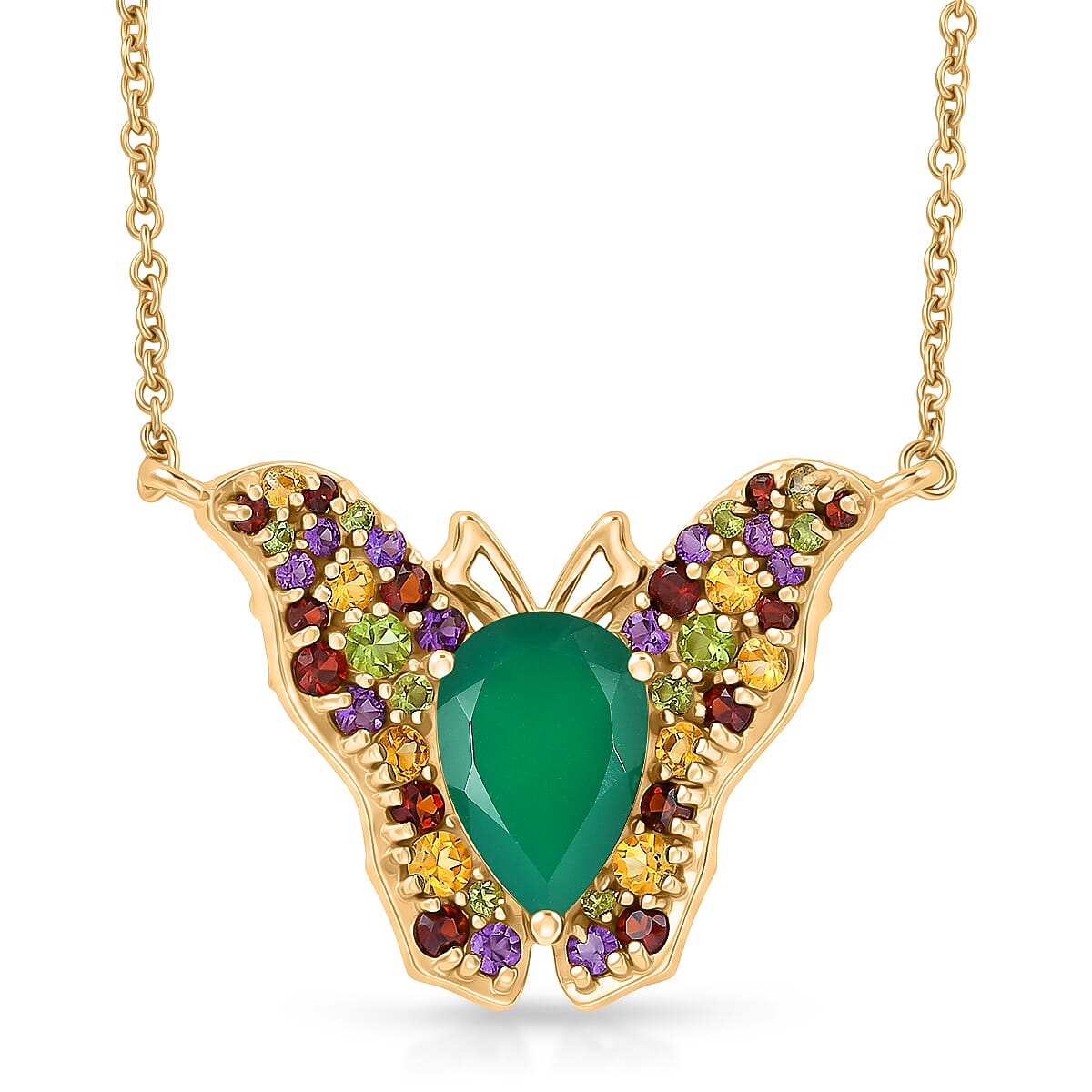 EverTrue Verde Onyx and Multi Gemstone 4.20 ctw Butterfly Necklace in 18K YG Plated and ION Plated YG Stainless Steel 18-20 Inches
