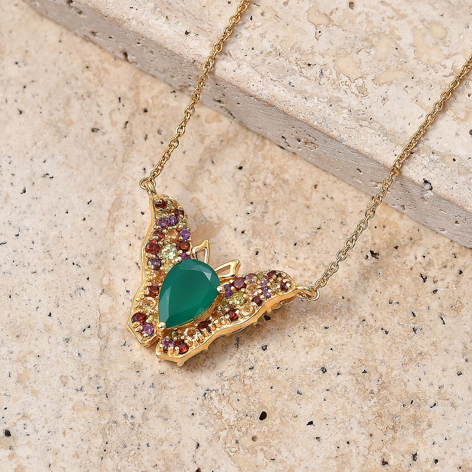 EverTrue Verde Onyx and Multi Gemstone 4.20 ctw Butterfly Necklace in 18K YG Plated and ION Plated YG Stainless Steel 18-20 Inches