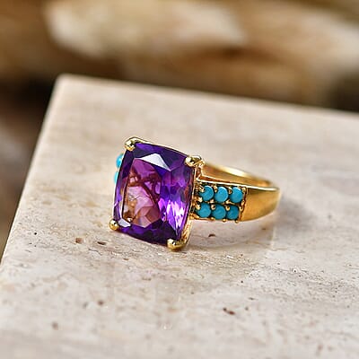 D'Joy Premium Moroccan Amethyst and Sleeping Beauty Turquoise 5.75 ctw Palace Gem Ring in 18K Vermeil Yellow Gold Over Sterling Silver (Size 10.0)