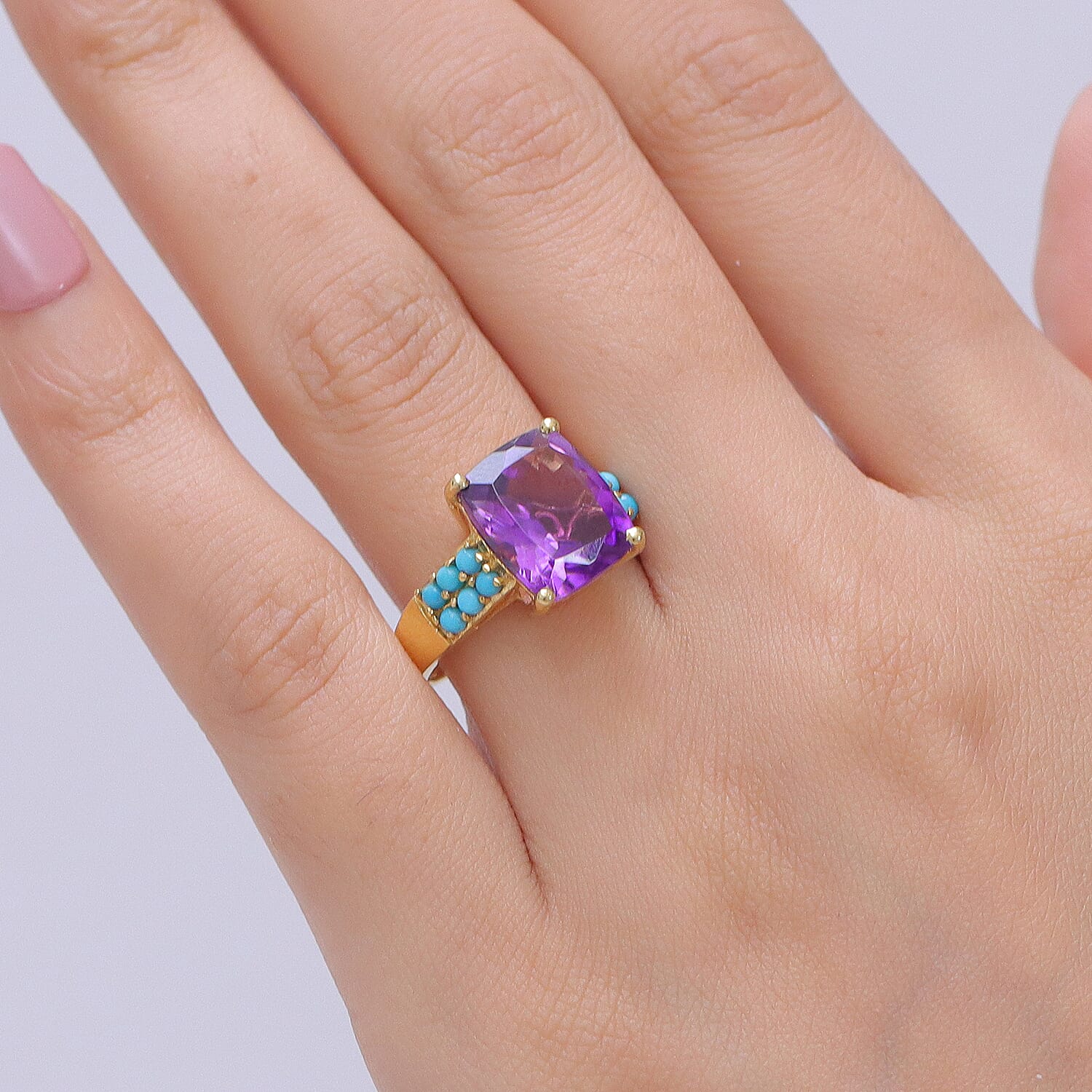 D'Joy Premium Moroccan Amethyst and Sleeping Beauty Turquoise 5.75 ctw Palace Gem Ring in 18K Vermeil Yellow Gold Over Sterling Silver (Size 10.0)