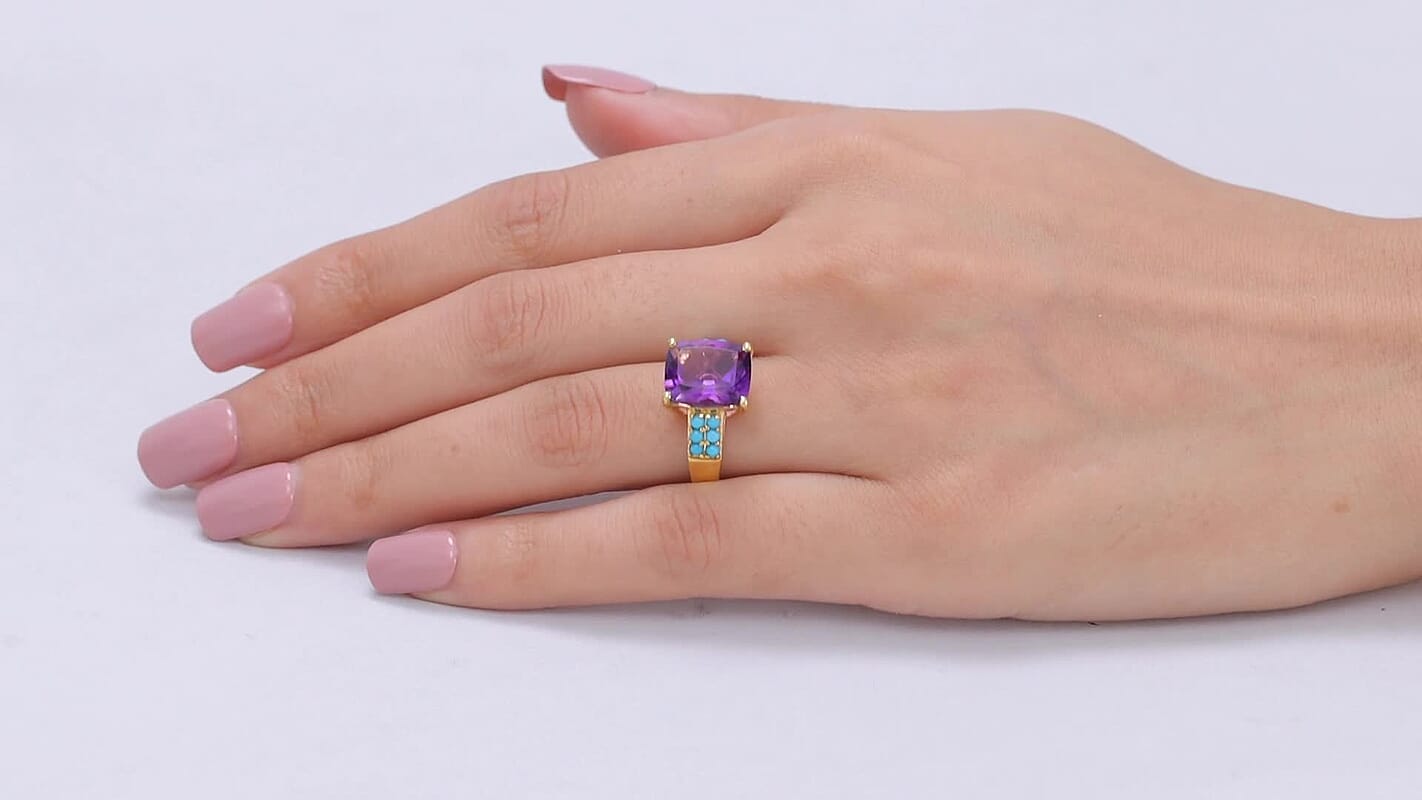 D'Joy Premium Moroccan Amethyst, Sleeping Beauty Turquoise Ring in 18K Vermeil YG Over Sterling Silver (Size 10.0) 5.75 ctw
