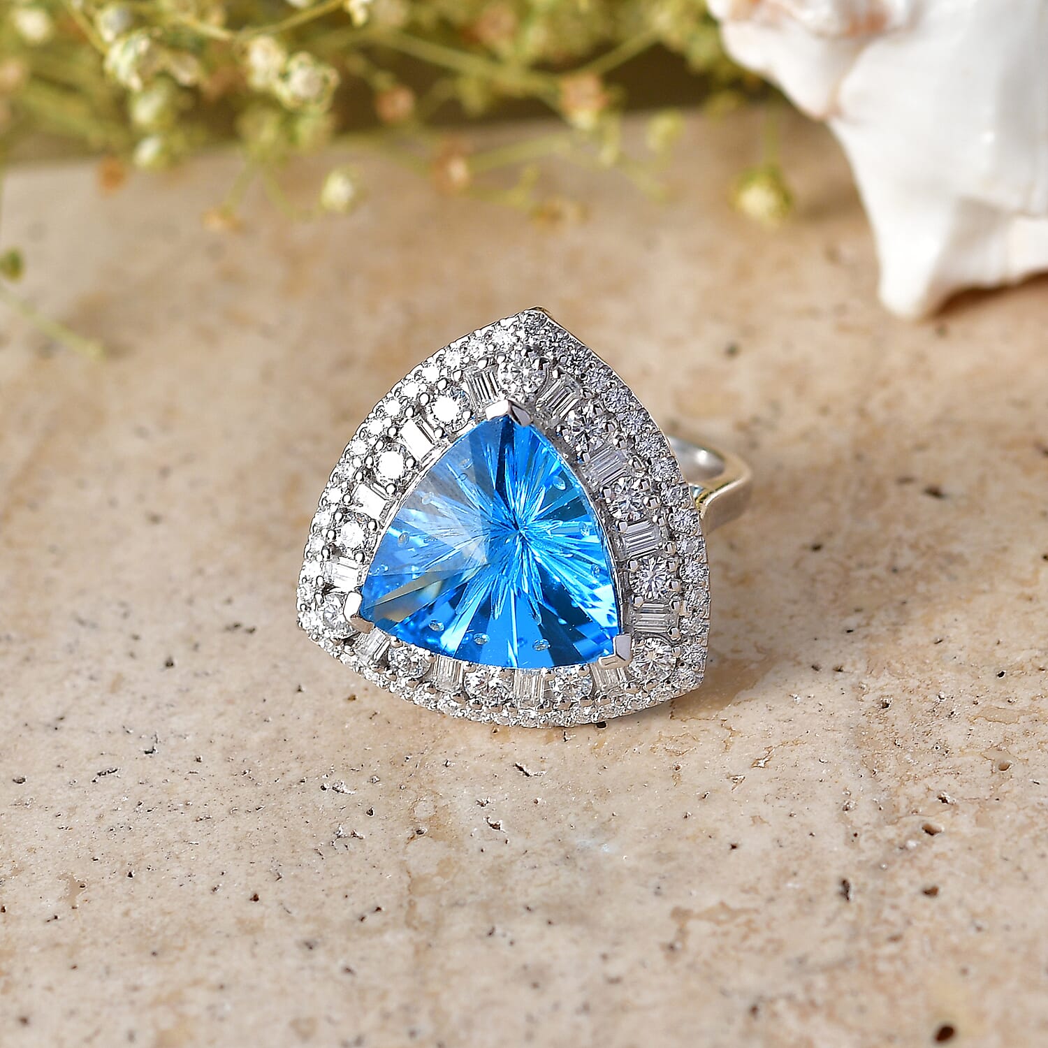 D'Joy Starburst Cut Premium Swiss Blue Topaz and Moissanite 8.65 ctw Ring in Rhodium Over Sterling Silver (Size 10.0)