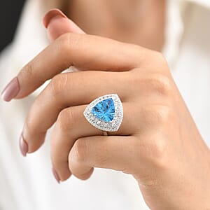 D'Joy Starburst Cut Premium Swiss Blue Topaz and Moissanite 8.65 ctw Ring in Rhodium Over Sterling Silver (Size 10.0)