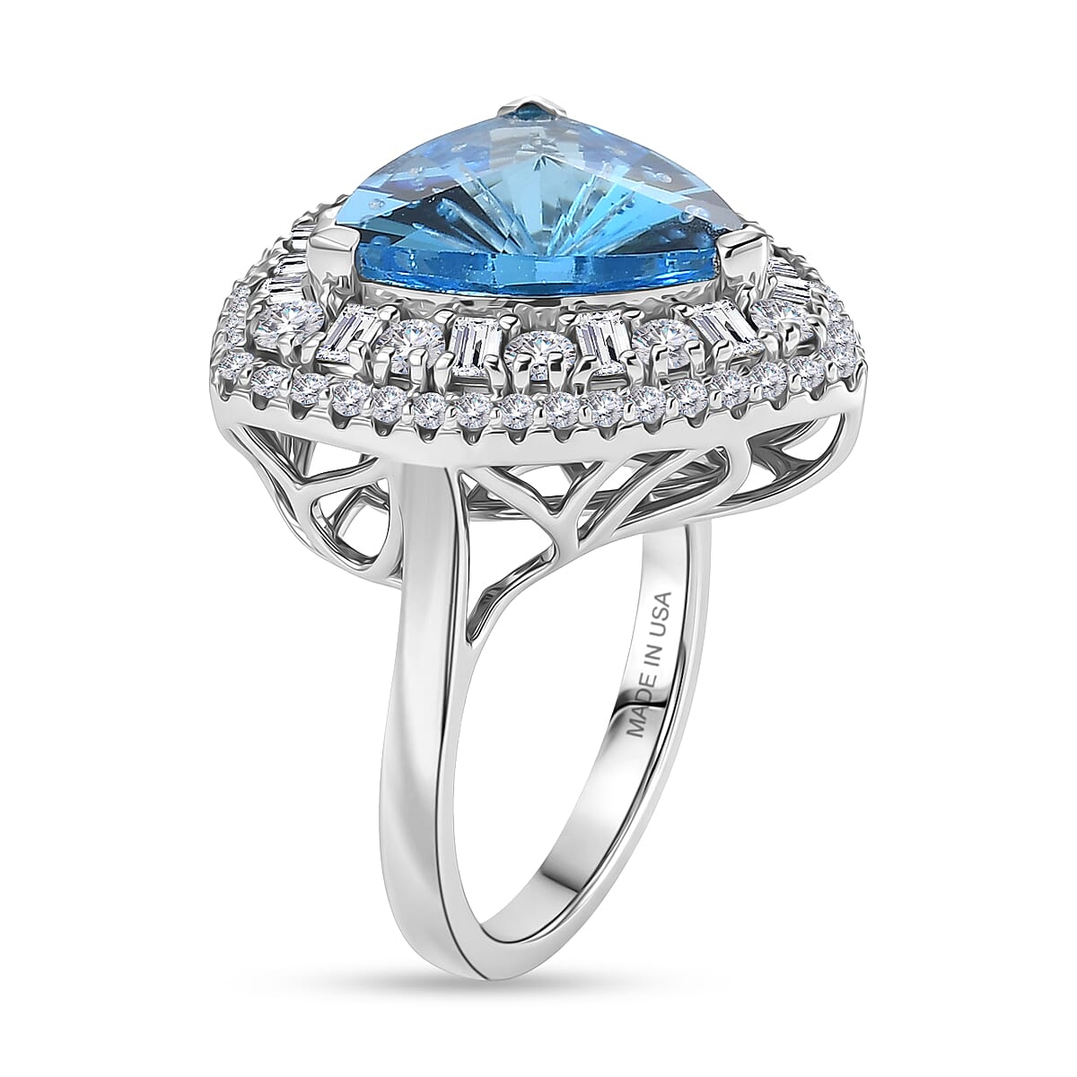 D'Joy Starburst Cut Premium Swiss Blue Topaz and Moissanite 8.65 ctw Ring in Rhodium Over Sterling Silver (Size 10.0)