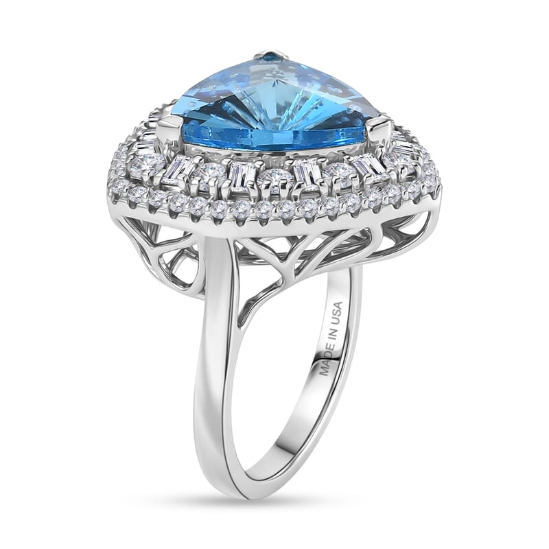 D'Joy Starburst Cut Premium Swiss Blue Topaz and Moissanite 8.65 ctw Ring in Rhodium Over Sterling Silver (Size 10.0)