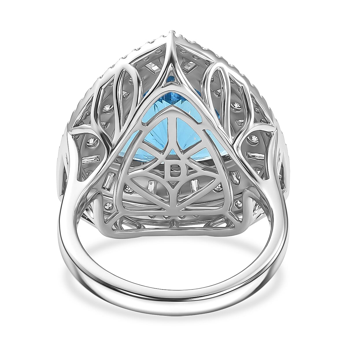 D'Joy Starburst Cut Premium Swiss Blue Topaz and Moissanite 8.65 ctw Ring in Rhodium Over Sterling Silver (Size 10.0)