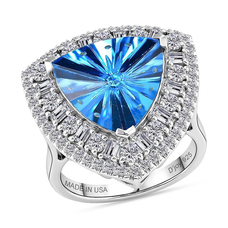 D'Joy Starburst Cut Premium Swiss Blue Topaz and Moissanite 8.65 ctw Ring in Rhodium Over Sterling Silver (Size 6.0)