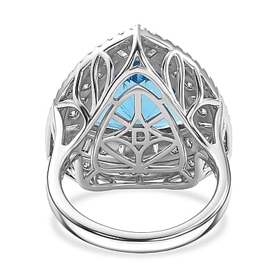 D'Joy Starburst Cut Premium Swiss Blue Topaz and Moissanite 8.65 ctw Ring in Rhodium Over Sterling Silver (Size 6.0)