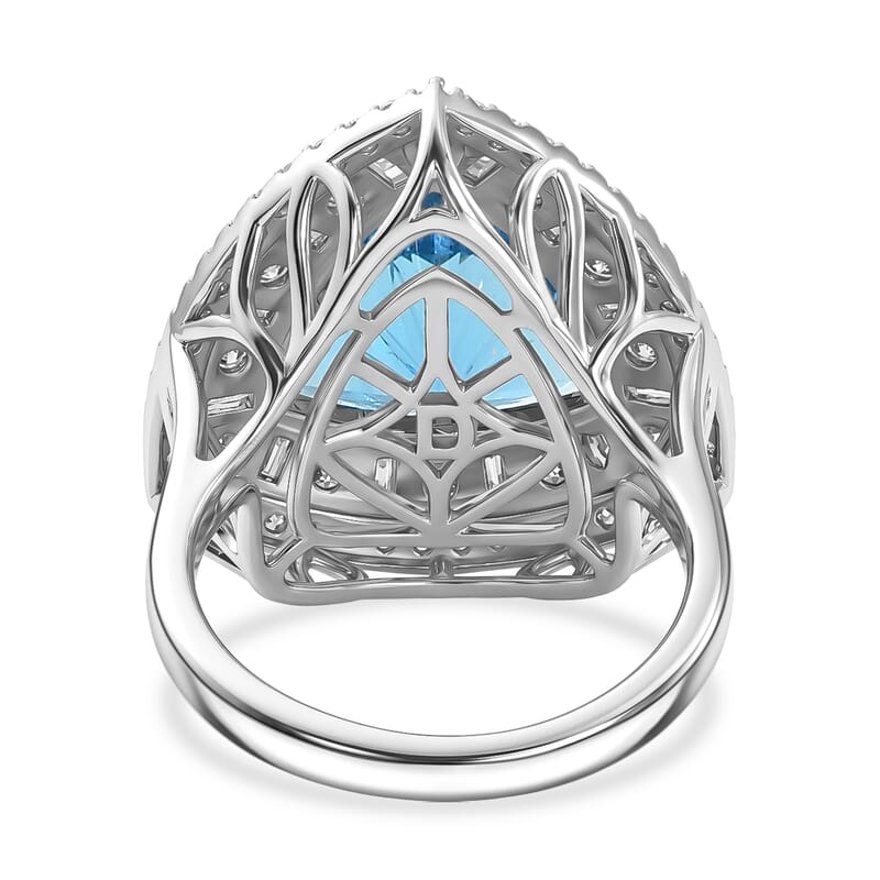D'Joy Starburst Cut Premium Swiss Blue Topaz and Moissanite 8.65 ctw Ring in Rhodium Over Sterling Silver (Size 7.0)