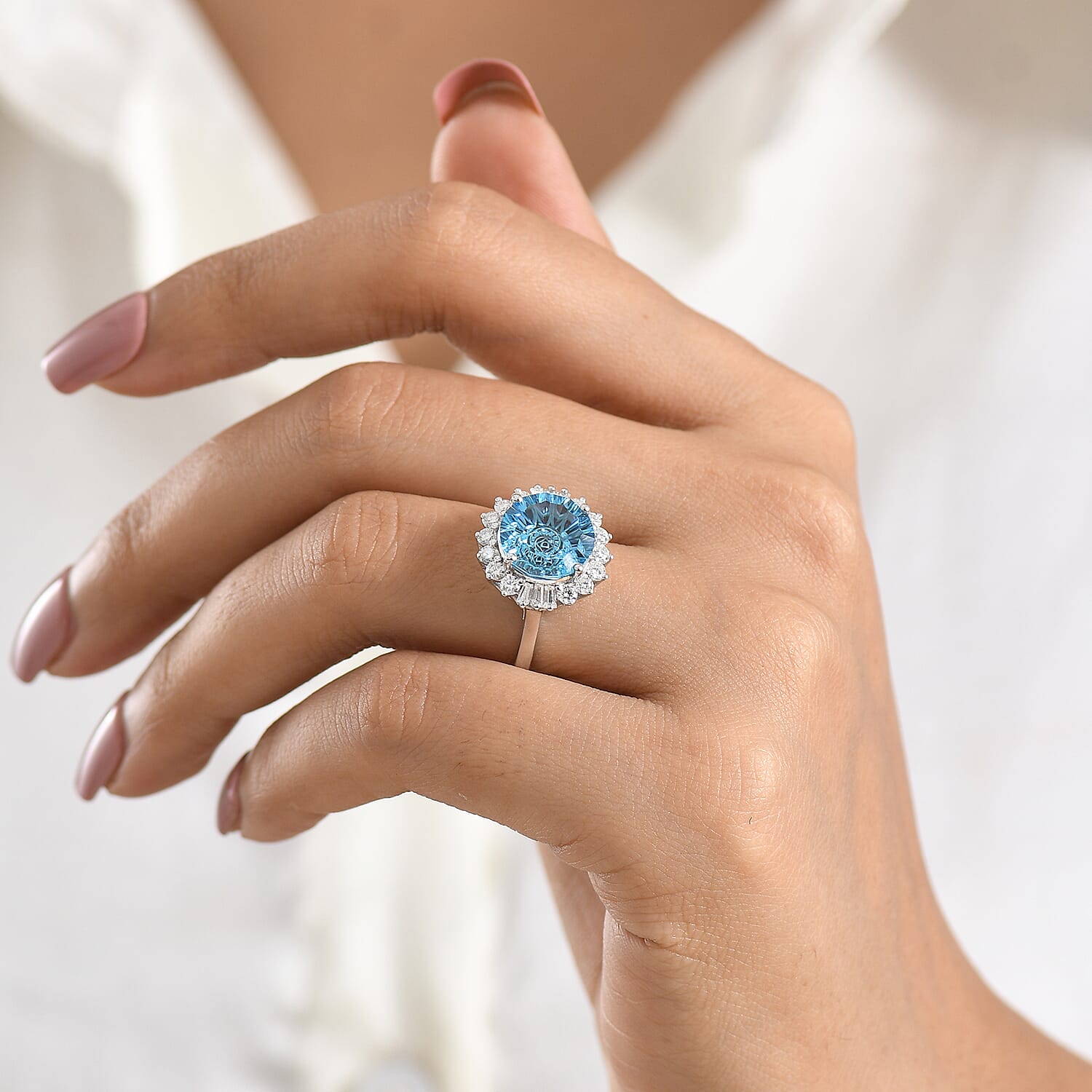 Certified & Appraised D'Joy Crazy Fire Cut Premium Swiss Blue Topaz and Moissanite 6.60 ctw Ring in Rhodium Over Sterling Silver (Size  10) 6