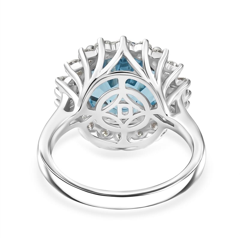 Certified & Appraised D'Joy Crazy Fire Cut Premium Swiss Blue Topaz and Moissanite 6.60 ctw Ring in Rhodium Over Sterling Silver (Size  10) 6