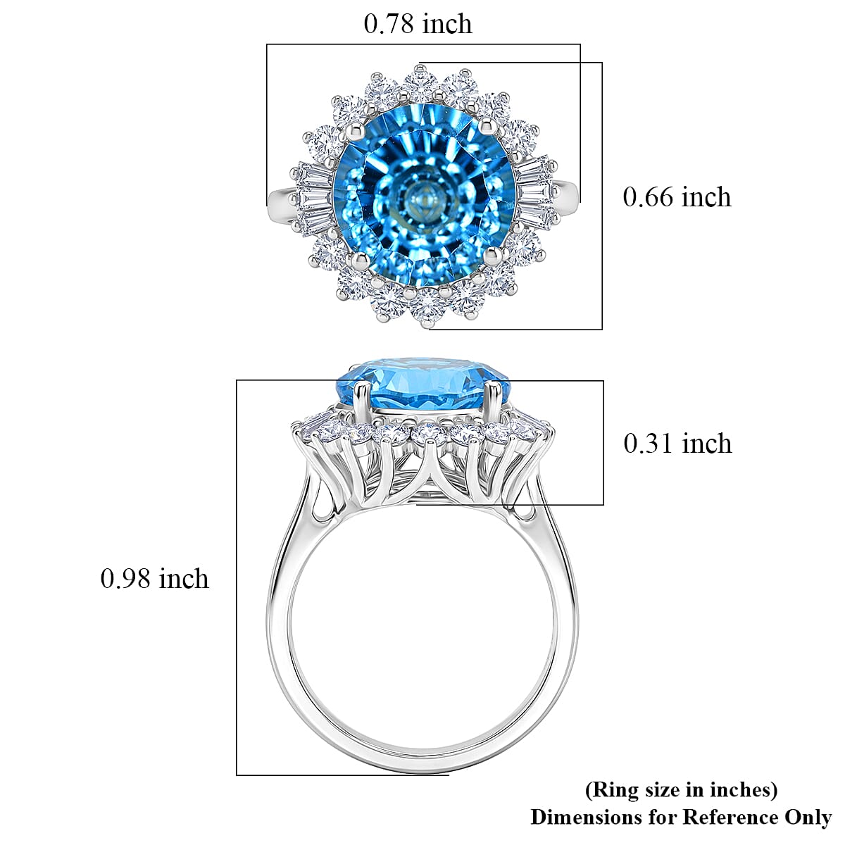 Certified & Appraised D'Joy Crazy Fire Cut Premium Swiss Blue Topaz and Moissanite 6.60 ctw Ring in Rhodium Over Sterling Silver (Size  10) 6
