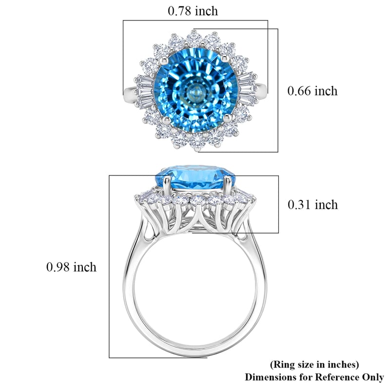 Certified & Appraised D'Joy Crazy Fire Cut Premium Swiss Blue Topaz and Moissanite 6.60 ctw Ring in Rhodium Over Sterling Silver (Size  10) 6