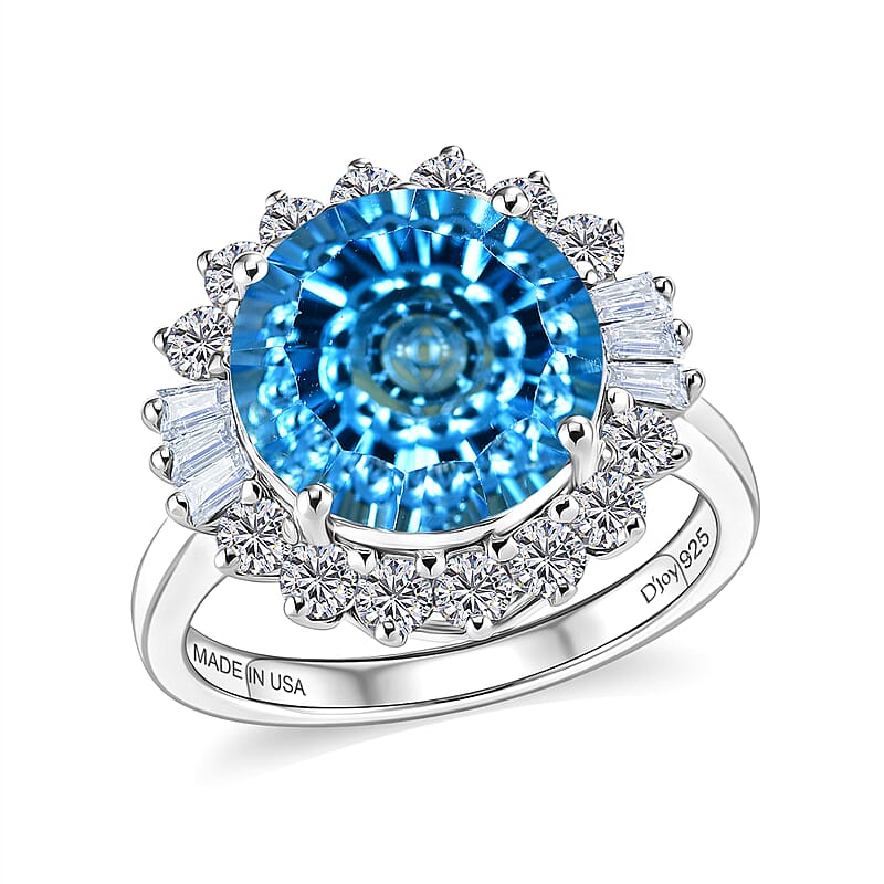 Certified & Appraised D'Joy Crazy Fire Cut Premium Swiss Blue Topaz and Moissanite 6.60 ctw Ring in Rhodium Over Sterling Silver (Size  6.0)
