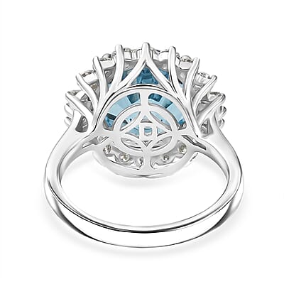 Certified & Appraised D'Joy Crazy Fire Cut Premium Swiss Blue Topaz and Moissanite 6.60 ctw Ring in Rhodium Over Sterling Silver (Size  6.0)