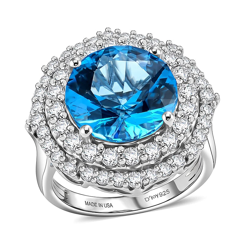 Certified & Appraised D'Joy Pinwheel Cut Premium Swiss Blue Topaz and Moissanite 8.15 ctw Ring in Rhodium Over Sterling Silver (Size  8.0)