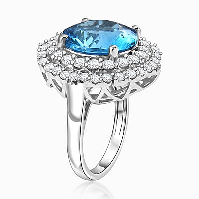 Certified & Appraised D'Joy Pinwheel Cut Premium Swiss Blue Topaz and Moissanite 8.15 ctw Ring in Rhodium Over Sterling Silver (Size  8.0)
