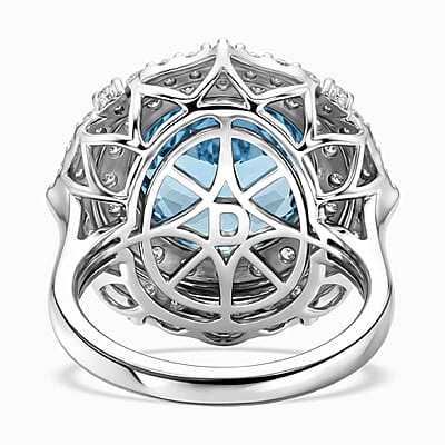 Certified & Appraised D'Joy Pinwheel Cut Premium Swiss Blue Topaz and Moissanite 8.15 ctw Ring in Rhodium Over Sterling Silver (Size  8.0)