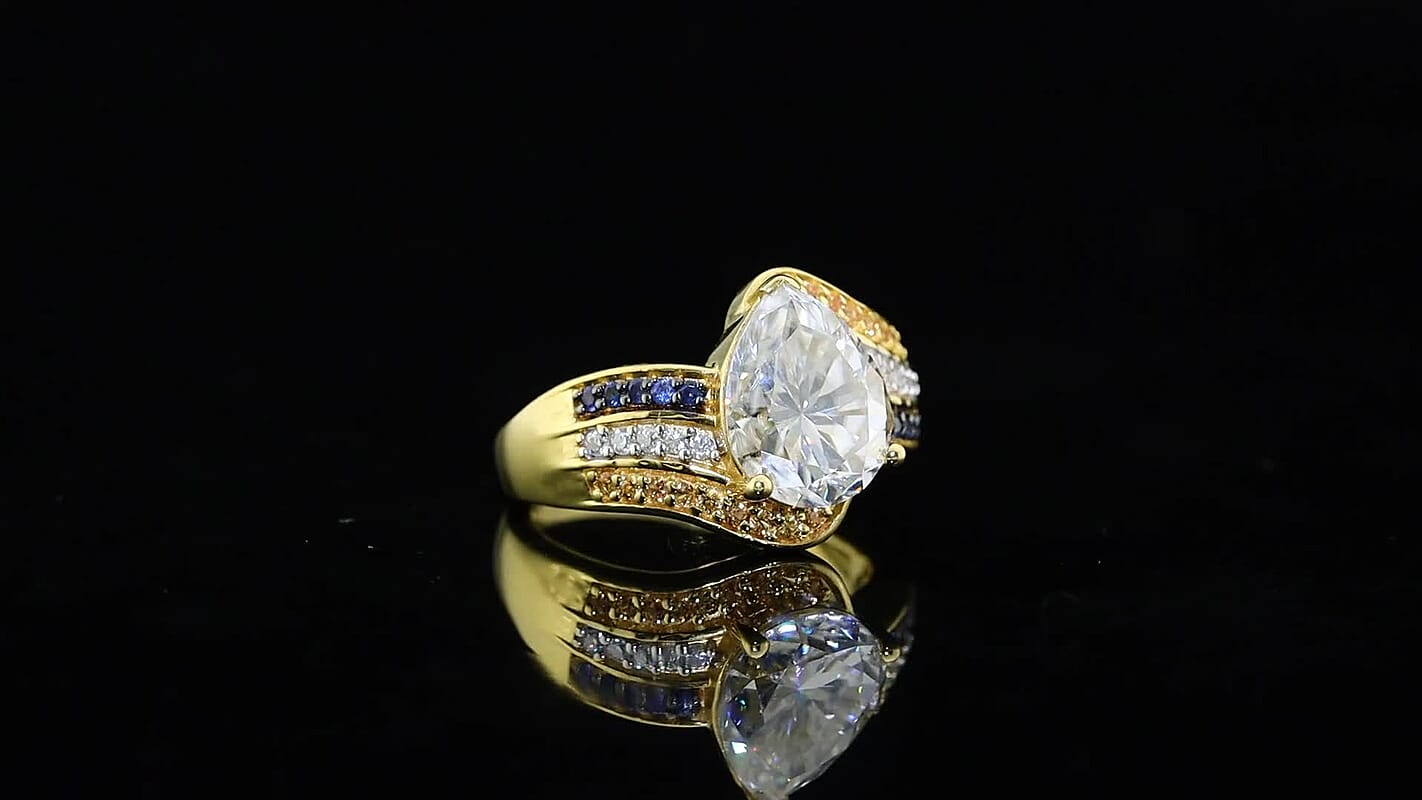 D'Joy Moissanite (Pear 11x9 mm), Multi Gemstone Ring in 18K Vermeil YG Over Sterling Silver (Size 6.0) 3.70 ctw