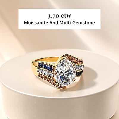 D'Joy Moissanite and Multi Gemstone 3.70 ctw Ring in 18K Vermeil Yellow Gold Over Sterling Silver (Size 6.0)