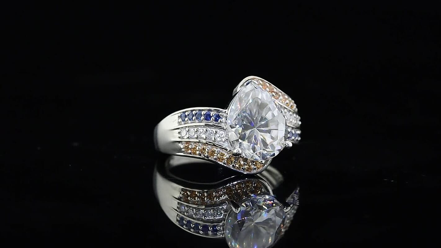 D'Joy Moissanite (Pear 11x9 mm), Multi Gemstone Ring in Rhodium Over Sterling Silver (Size 6.0) 3.70 ctw 8584444