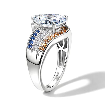 D'Joy Moissanite and Multi Gemstone 3.70 ctw Ring in Rhodium Over Sterling Silver (Size 6.0)