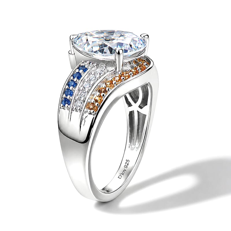 D'Joy Moissanite and Multi Gemstone 3.70 ctw Ring in Rhodium Over Sterling Silver (Size 6.0)