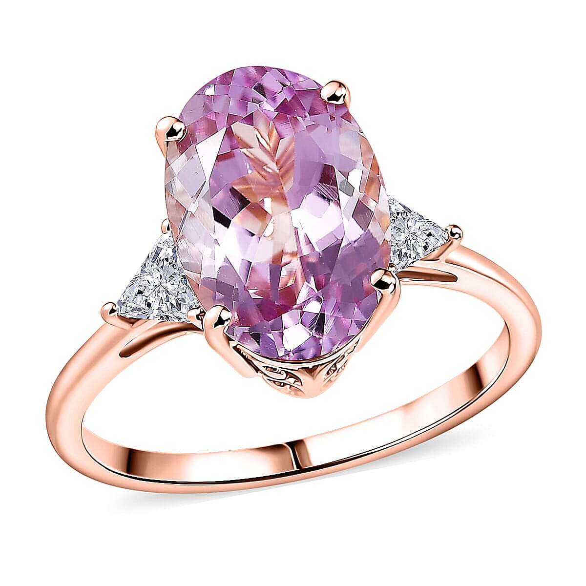 10K Rose Gold Premium Martha Rocha Kunzite, Luxuriant Lab Grown Diamond (E-F, VS) (0.25 cts) Ring (Size 6.0) 5.50 ctw