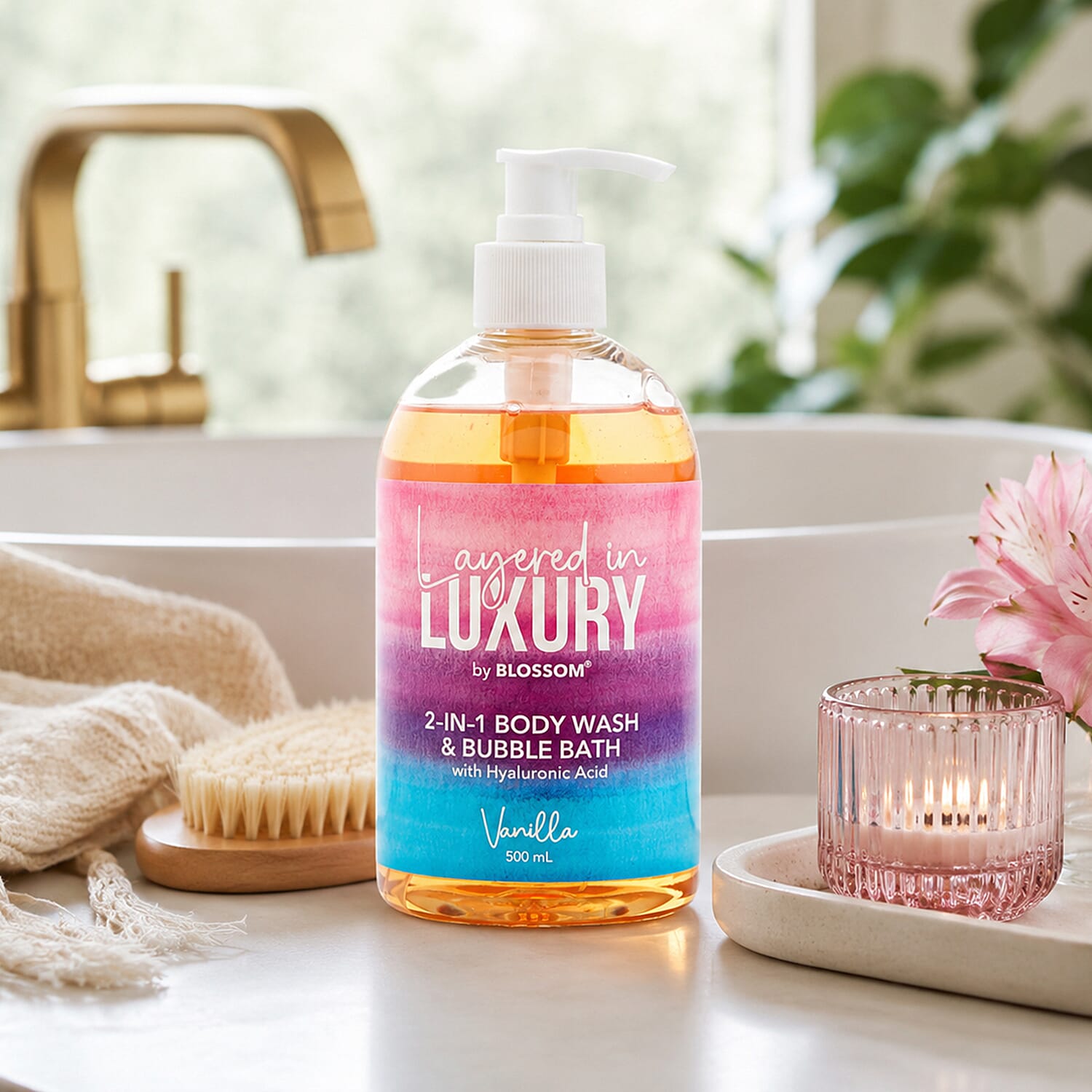 BLOSSOM Layered in LUXURY Vanilla 16.9oz 2-in-1 Body Wash and Bubble Bath w/Hyaluronic Acid Pump C/P 12