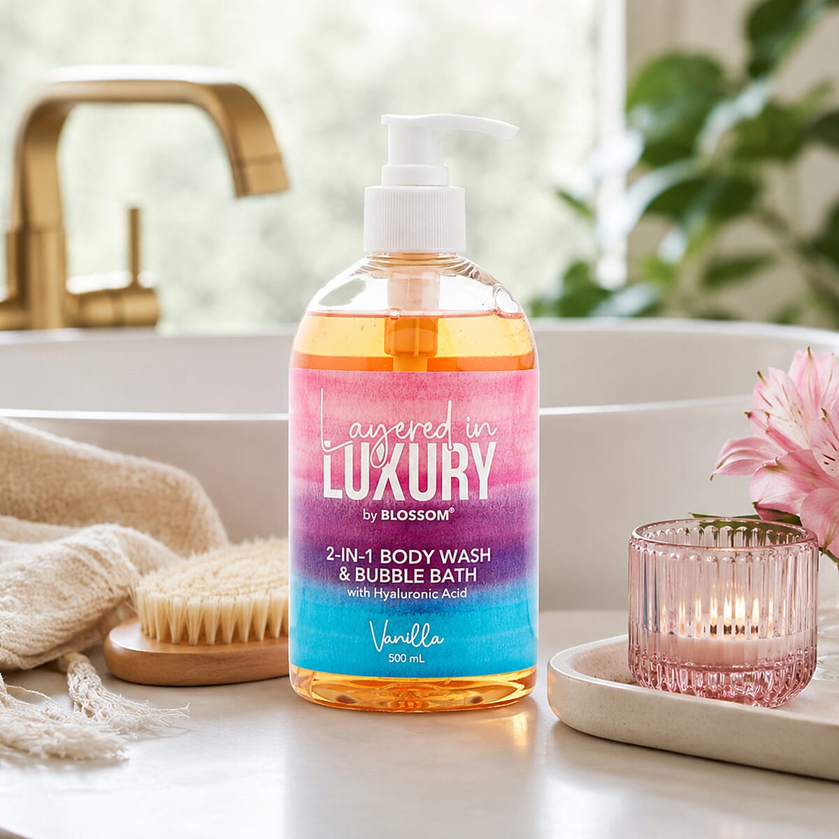 BLOSSOM Layered in LUXURY Vanilla 16.9oz 2-in-1 Body Wash and Bubble Bath w/Hyaluronic Acid Pump C/P 12 image number 1
