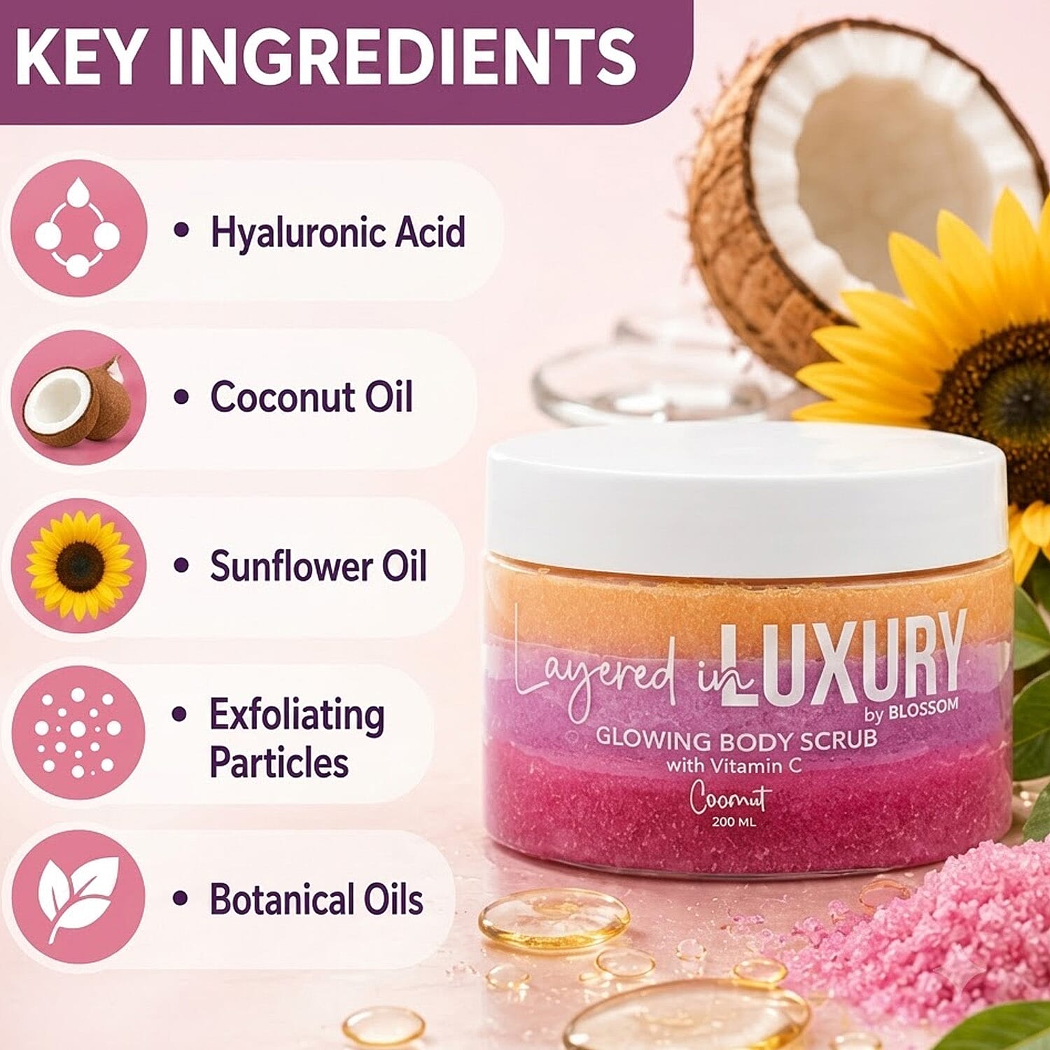 BLOSSOM Layered in LUXURY Coconut 10.14oz Glowing Body Scrub Balm w/Vitamin C C/P 24