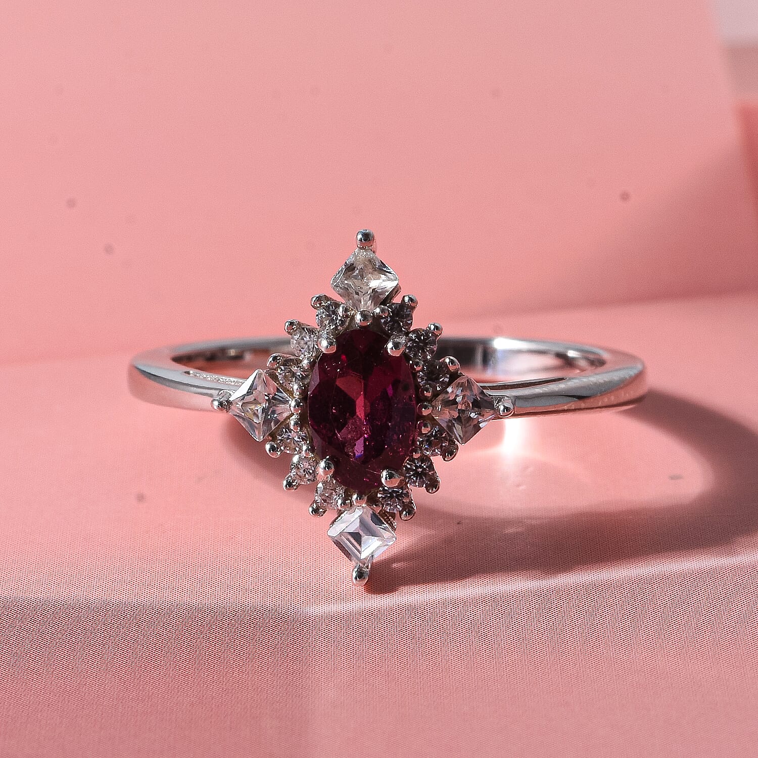 D'Joy Malawi Magenta Garnet and White Zircon 0.90 ctw Midnight Halo Ring in Rhodium Over Sterling Silver (Size 10.0)