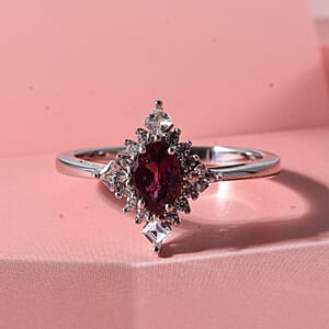 D'Joy Malawi Magenta Garnet and White Zircon 0.90 ctw Midnight Halo Ring in Rhodium Over Sterling Silver (Size 10.0)