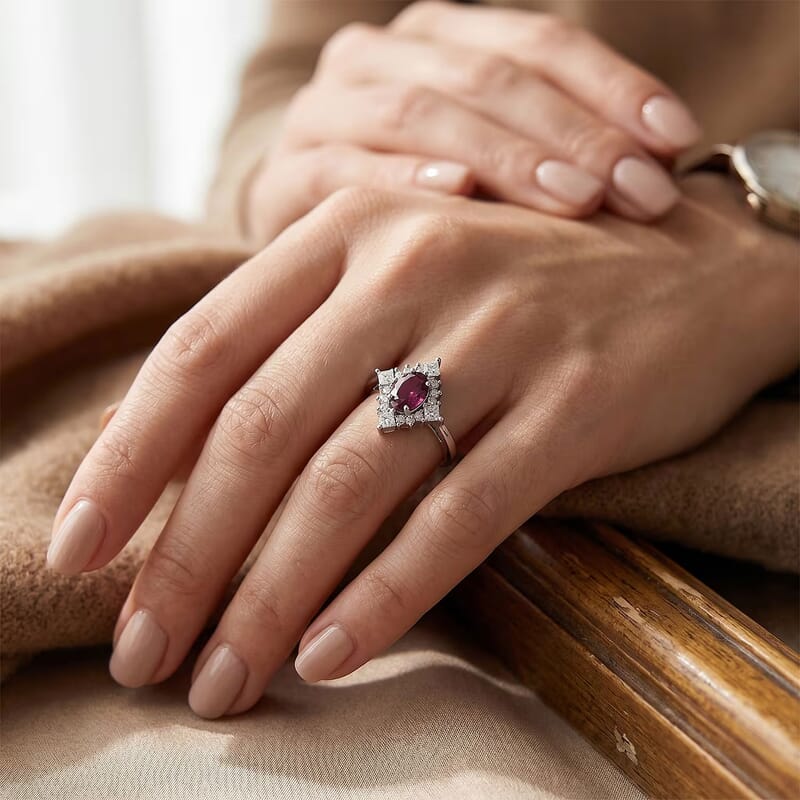 D'Joy Malawi Magenta Garnet and White Zircon 0.90 ctw Midnight Halo Ring in Rhodium Over Sterling Silver (Size 10.0)