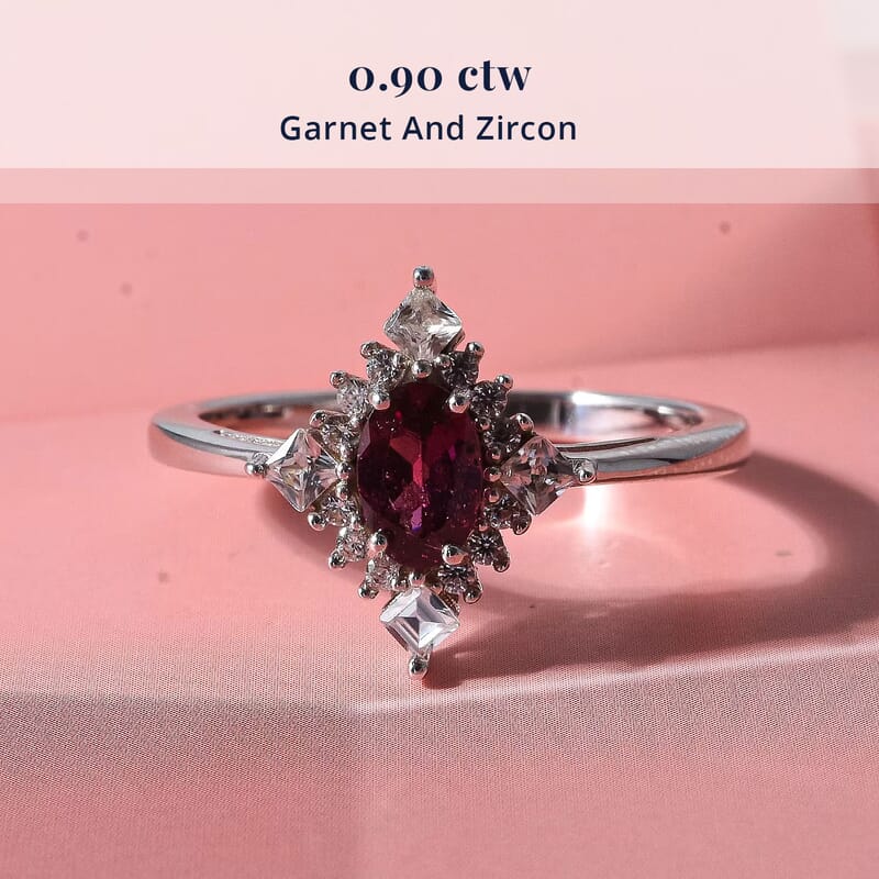 D'Joy Malawi Magenta Garnet and White Zircon 0.90 ctw Midnight Halo Ring in Rhodium Over Sterling Silver (Size 6.0)