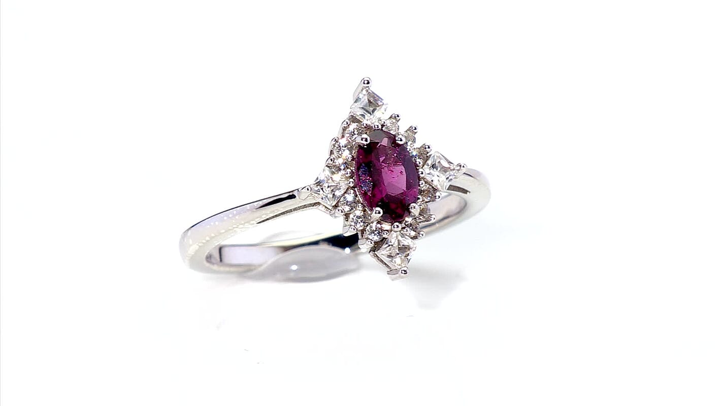 D'Joy Malawi Magenta Garnet, White Zircon Ring in Rhodium Over Sterling Silver (Size 10.0) 0.90 ctw