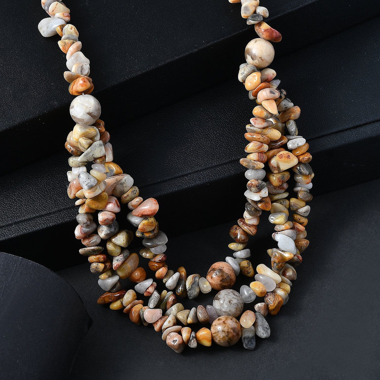 EverTrue Crazy Lace Agate and Graphic Jasper 310.00 ctw Chips Beaded Necklace in Platinum Bond 18-19 Inches