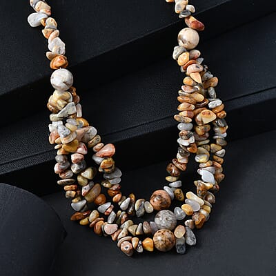 EverTrue Crazy Lace Agate and Graphic Jasper 310.00 ctw Chips Beaded Necklace in Platinum Bond 18-19 Inches