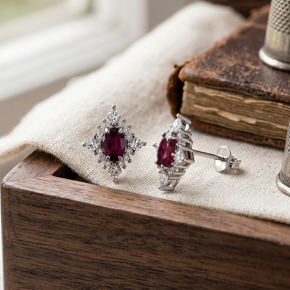 D'Joy Malawi Magenta Garnet and White Zircon 1.80 ctw Midnight Halo Earrings in Rhodium Over Sterling Silver image number 1