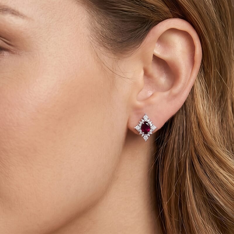 D'Joy Malawi Magenta Garnet and White Zircon 1.80 ctw Midnight Halo Earrings in Rhodium Over Sterling Silver