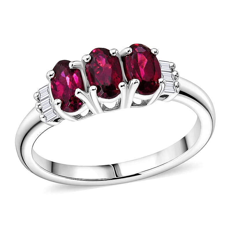 Malawi Magenta Garnet and Moissanite 1.00 ctw Majestic Trio Ring in Rhodium Over Sterling Silver (Size 10.0)