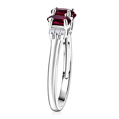 Malawi Magenta Garnet and Moissanite 1.00 ctw Majestic Trio Ring in Rhodium Over Sterling Silver (Size 10.0)