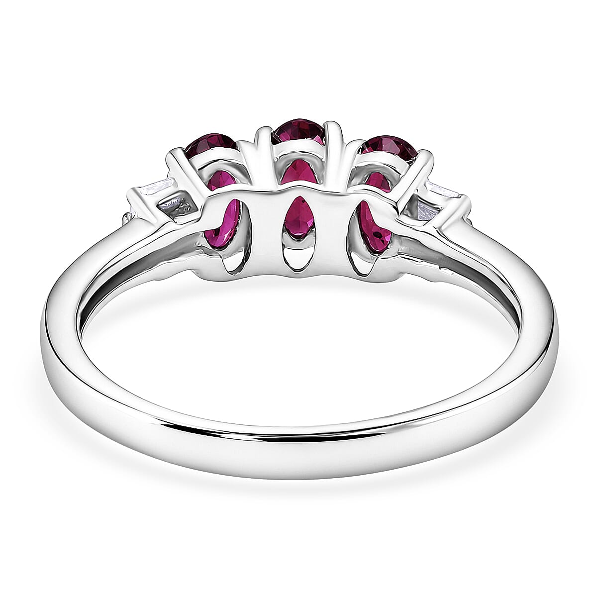 Malawi Magenta Garnet and Moissanite 1.00 ctw Majestic Trio Ring in Rhodium Over Sterling Silver (Size 10.0)