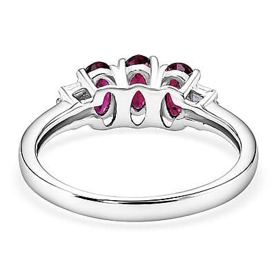 Malawi Magenta Garnet and Moissanite 1.00 ctw Majestic Trio Ring in Rhodium Over Sterling Silver (Size 10.0)