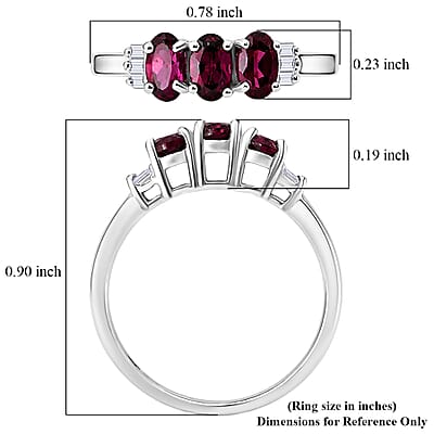 Malawi Magenta Garnet and Moissanite 1.00 ctw Majestic Trio Ring in Rhodium Over Sterling Silver (Size 10.0)