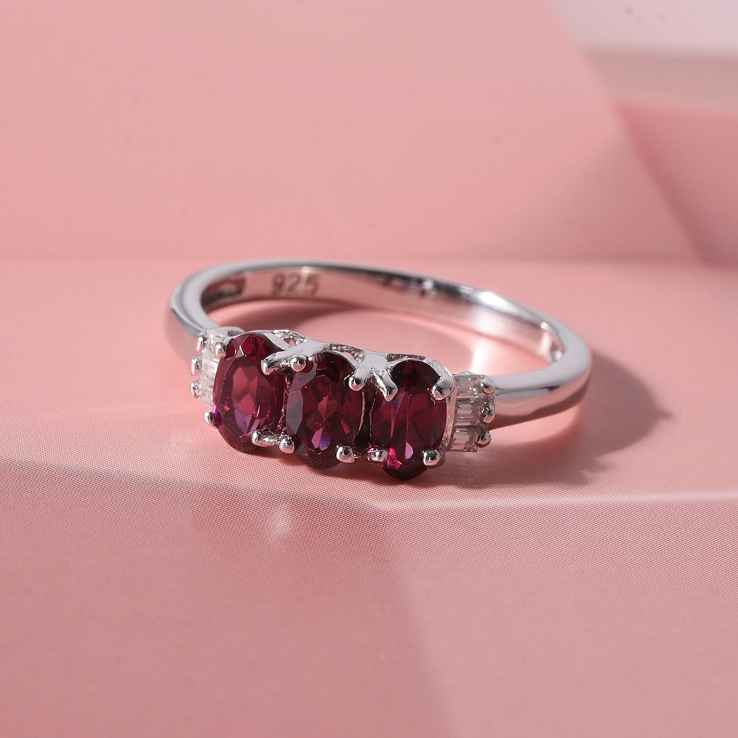 Malawi Magenta Garnet and Moissanite 1.00 ctw Majestic Trio Ring in Rhodium Over Sterling Silver (Size 6.0)