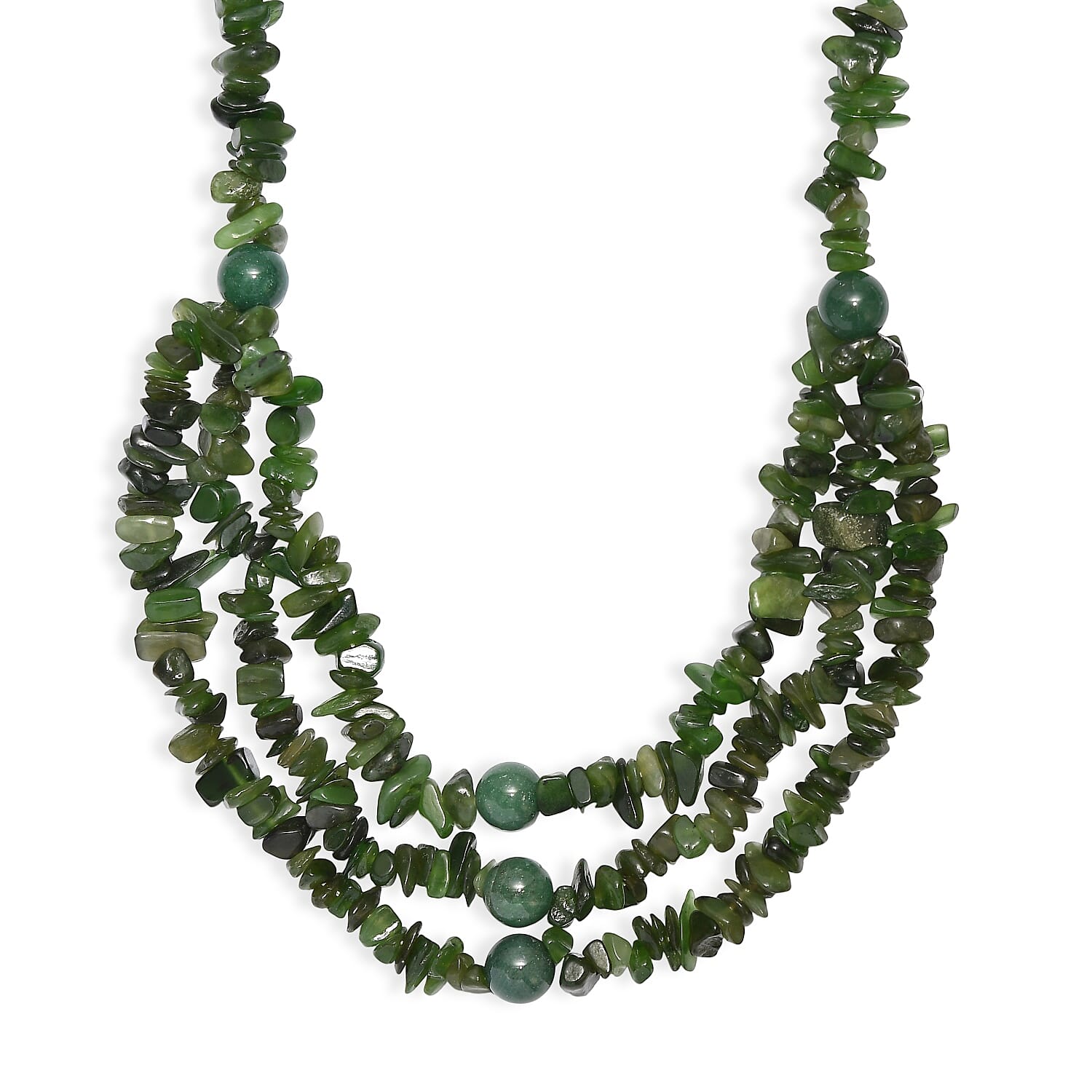EverTrue Nephrite and Green Aventurine 430.00 ctw Chips Beaded Necklace in Platinum Bond 18 Inches