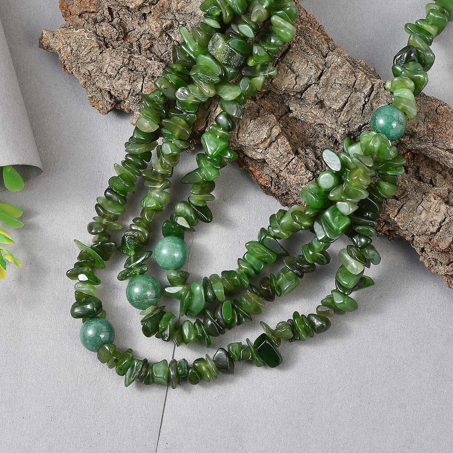 EverTrue Nephrite and Green Aventurine 430.00 ctw Chips Beaded Necklace in Platinum Bond 18 Inches