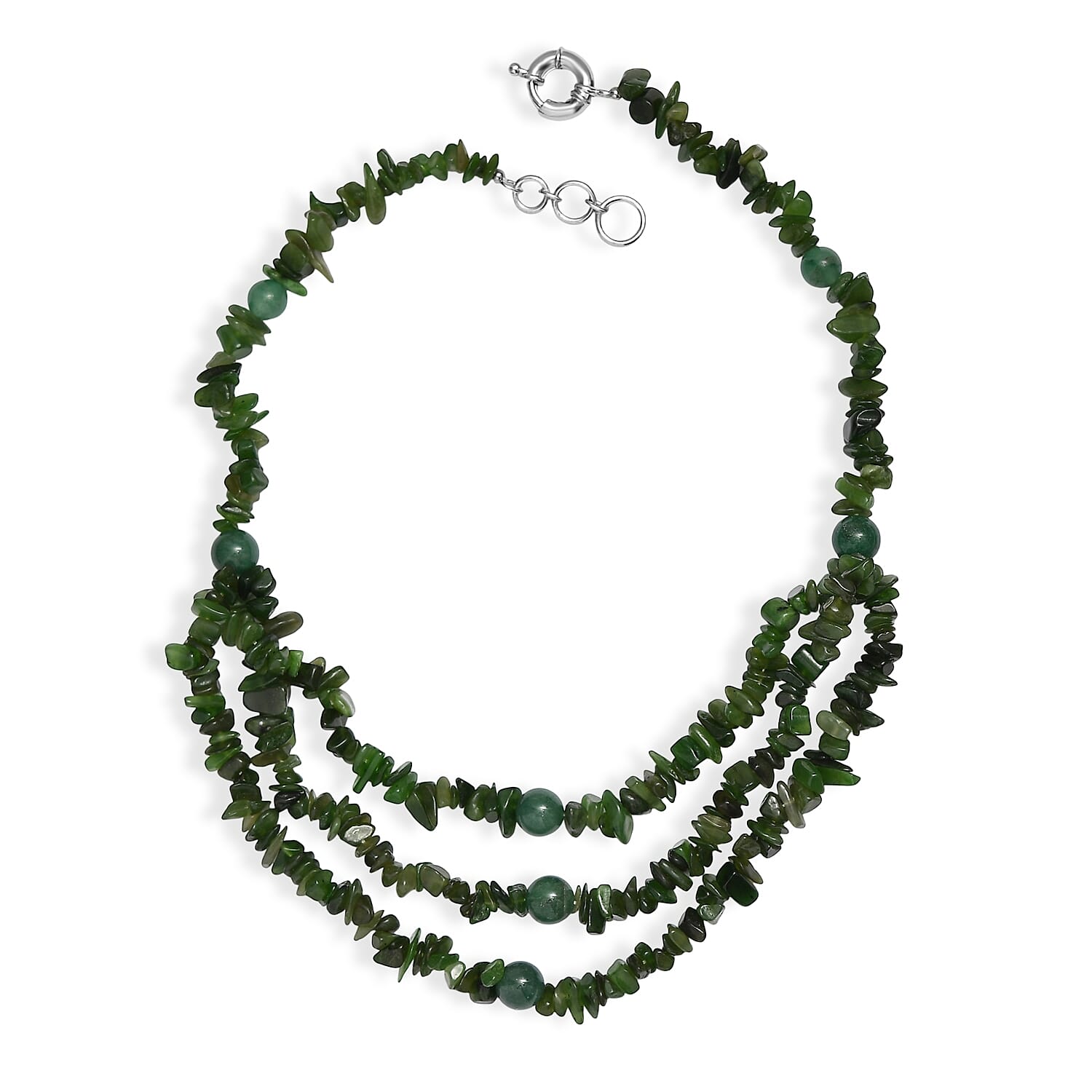 EverTrue Nephrite and Green Aventurine 430.00 ctw Chips Beaded Necklace in Platinum Bond 18 Inches